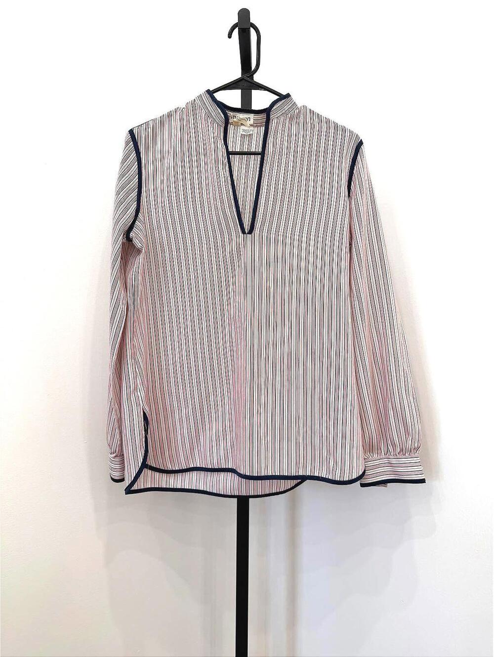 Vintage 70s Matson Size 10 Striped Long Sleeve Blouse with Navy Trim